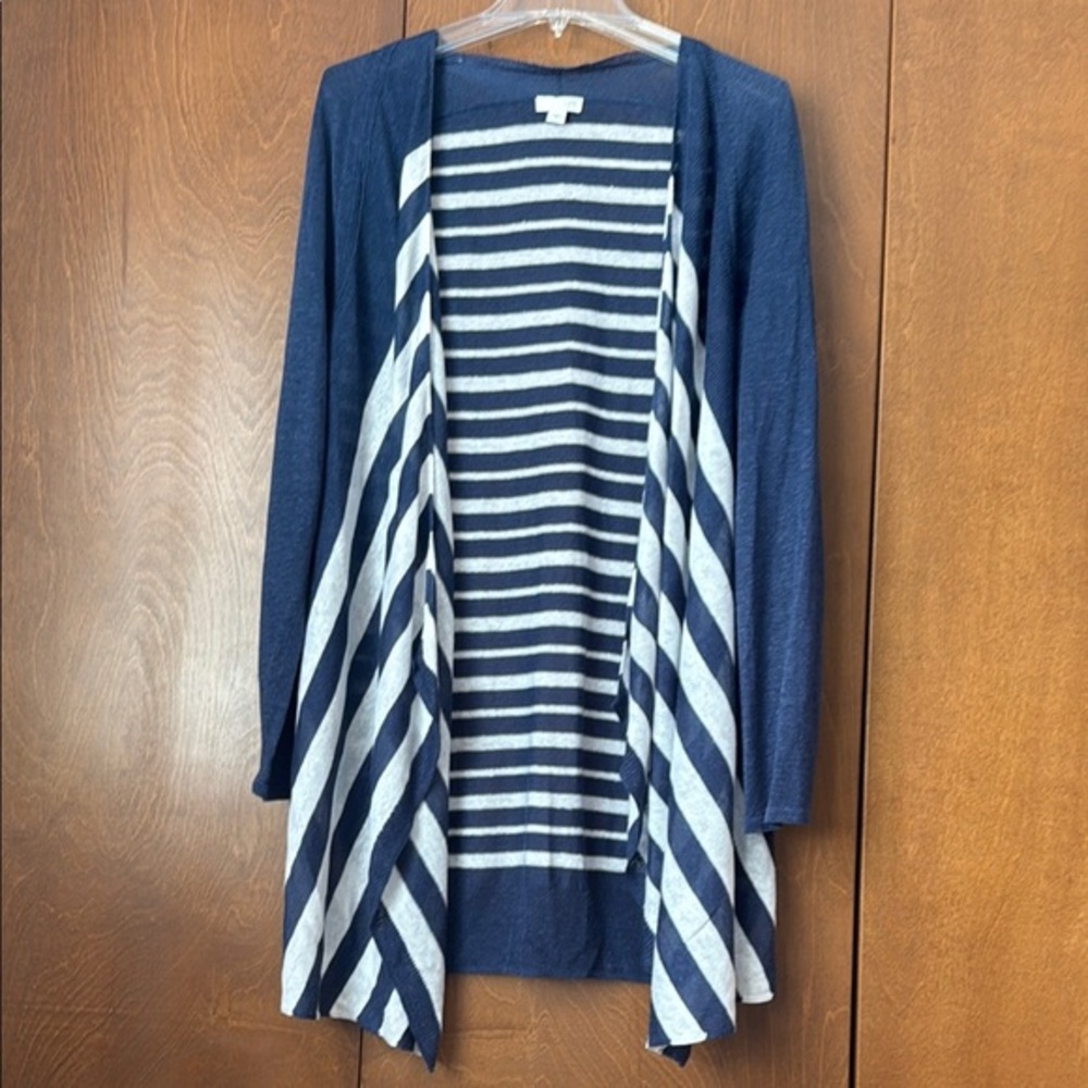 J. Jill Navy and White Striped Women's Flyaway Front Cardigan Sweater EUC